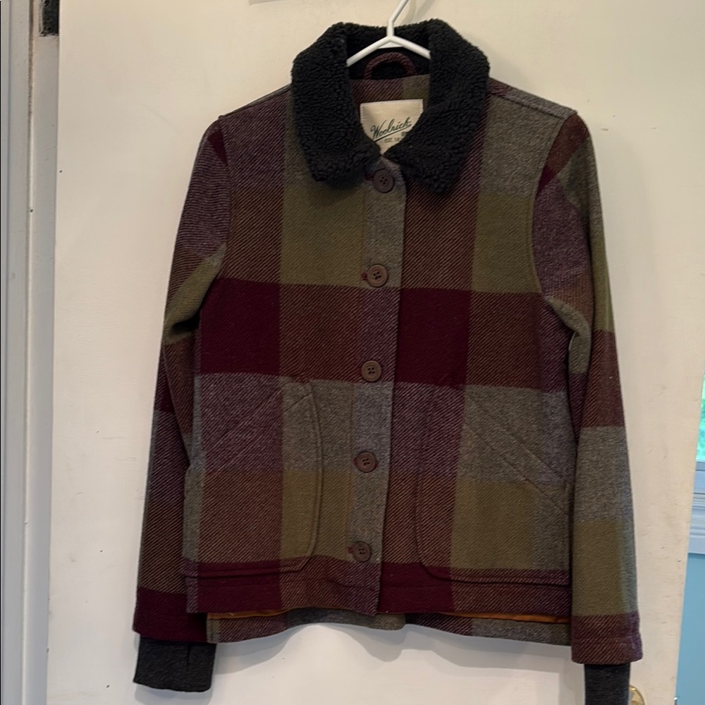 NWT Woolrich Red and Green plaid Bomber Jacket Wool-Blend, Teddy collar, XS